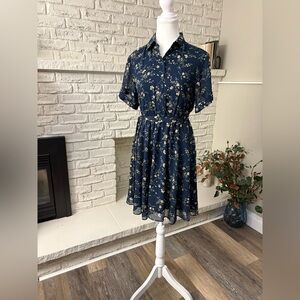 RW&CO. Navy Floral Short Sleeve Shirt Dress Size Small